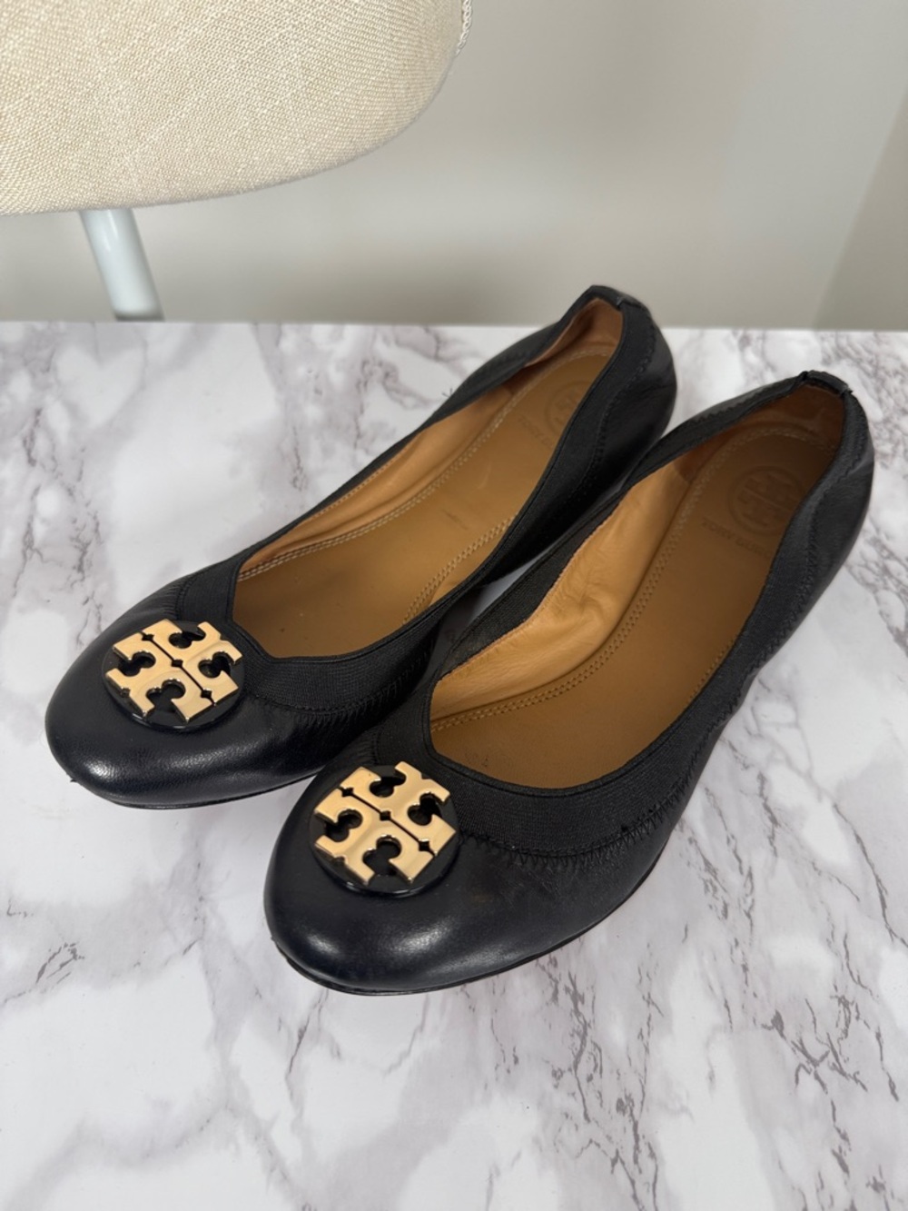 Tory Burch Black Leather Ballet Flats with Gold Logo Medallion
